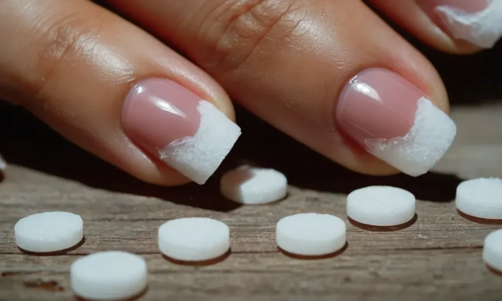 A close-up photo capturing a pair of hands delicately applying acetone-soaked cotton pads on nails, with remnants of shellac nail polish beginning to dissolve and lift off effortlessly.