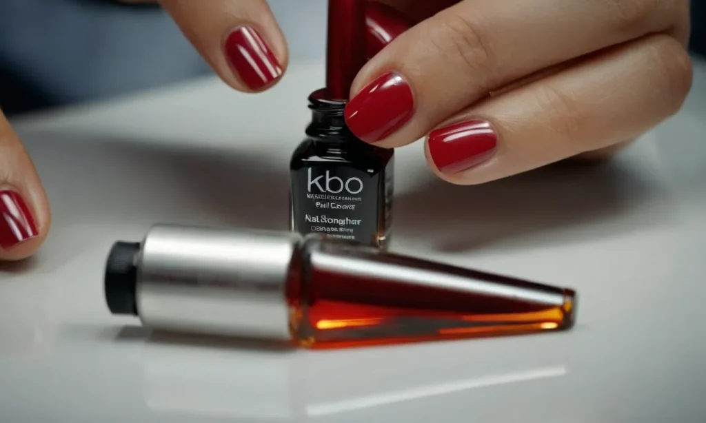 A close-up shot capturing a clear bottle of nail strengthener being applied on a weak, brittle nail, showcasing the product's effectiveness in enhancing nail resilience and promoting healthy growth.