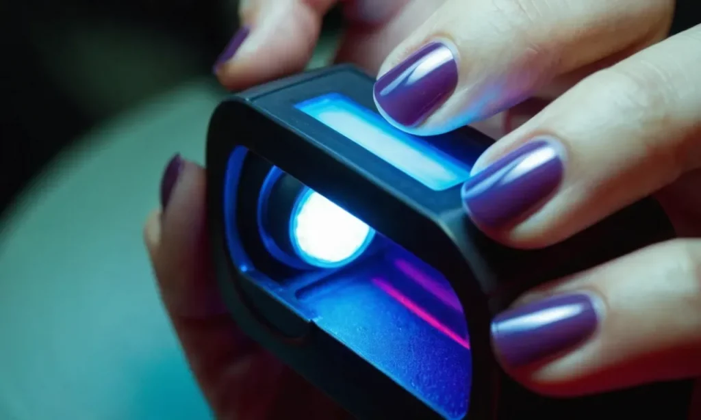 A close-up shot of a UV light device positioned over a hand, showcasing the treatment process of nail fungus.
