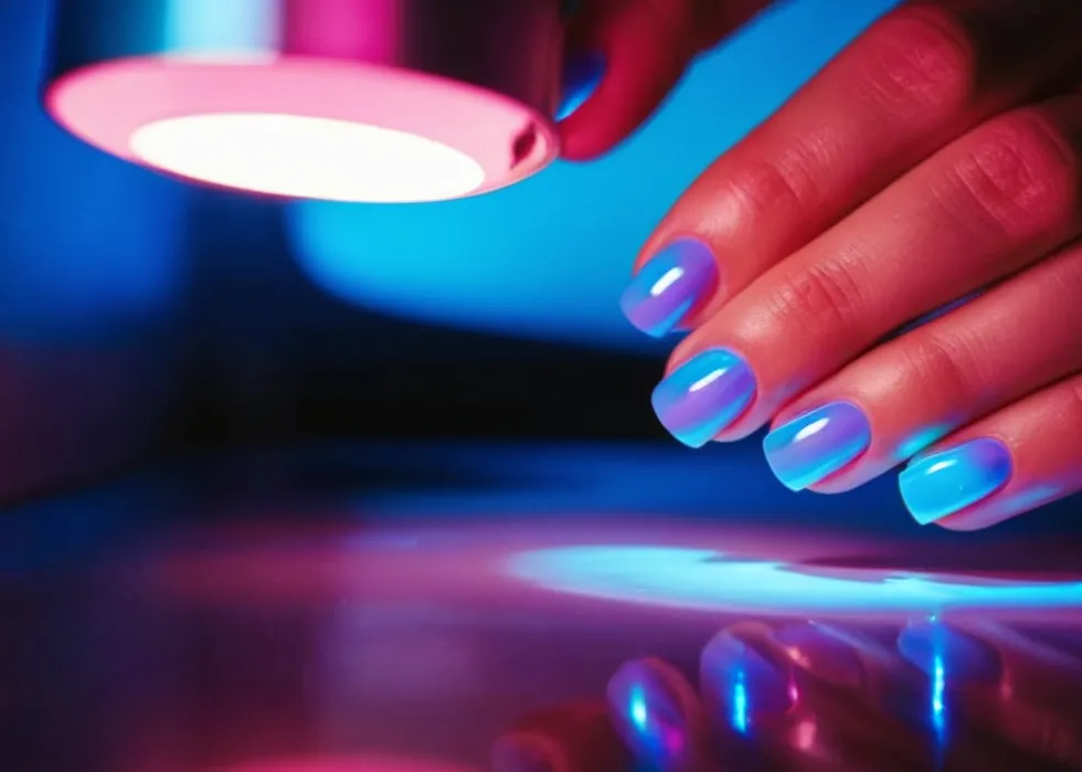 A close-up shot of a hand with freshly painted gel nails under a UV lamp, capturing the moment as the intense light accelerates the drying process.
