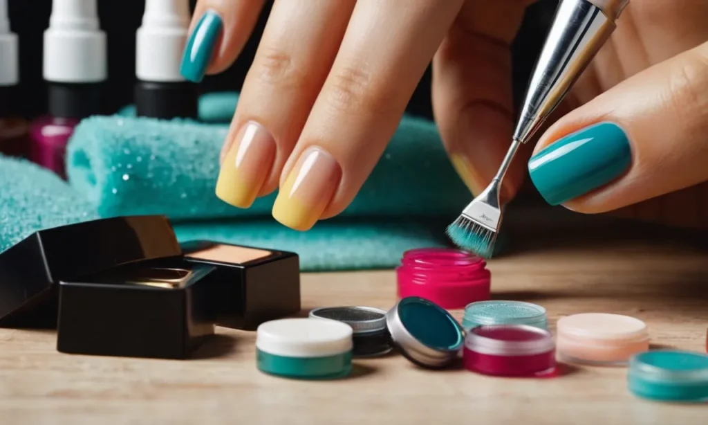 A close-up photo capturing a nail technician's hands gracefully shaping and painting nails, with a blurred background displaying various nail products, reflecting the investment required to become a nail tech.