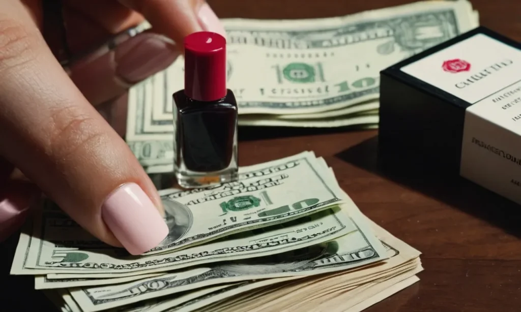 A close-up shot of a hand holding a stack of cash, next to a nail polish bottle and a school prospectus, symbolizing the financial investment required for nail tech school.