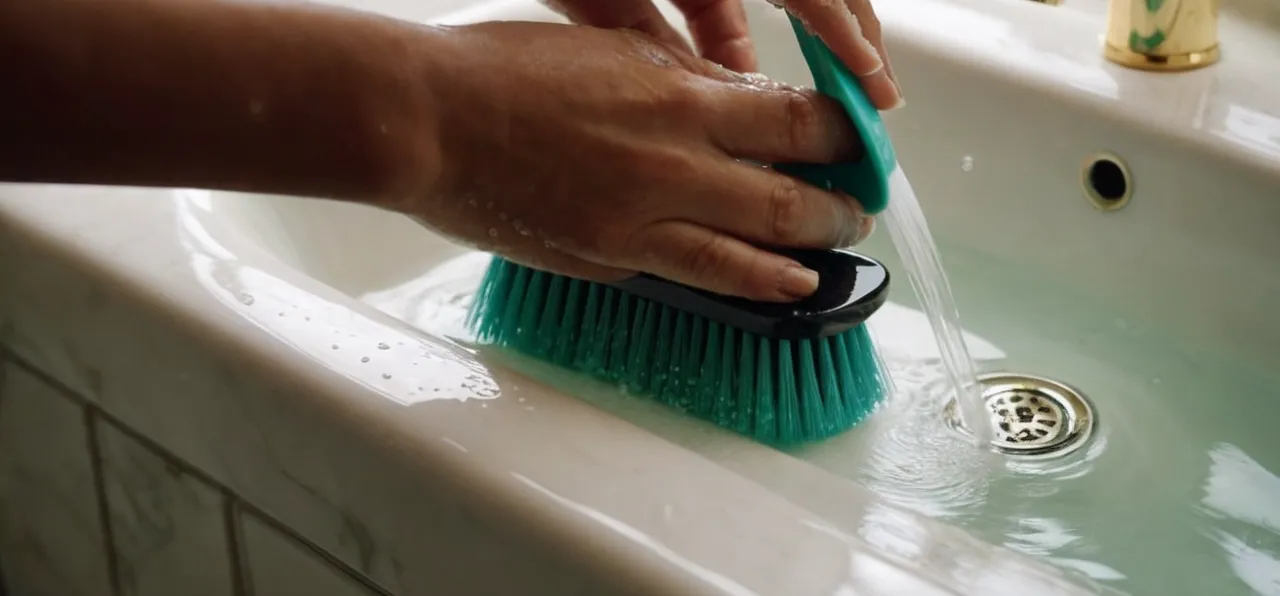 A close-up shot capturing a pair of hands gently scrubbing a nail brush under running water, with soapy suds visibly rinsing away, emphasizing the importance of proper cleaning and maintenance.