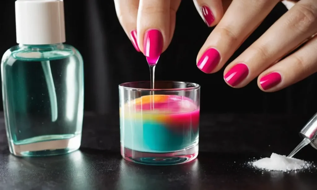 A close-up photo capturing a hand delicately pouring nail polish remover into a small glass container, showcasing the process of safe and responsible disposal.