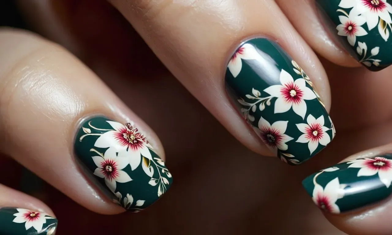 A close-up shot showcasing a hand gracefully painting intricate floral patterns on a perfectly manicured nail, capturing the precision and creativity involved in nail art.