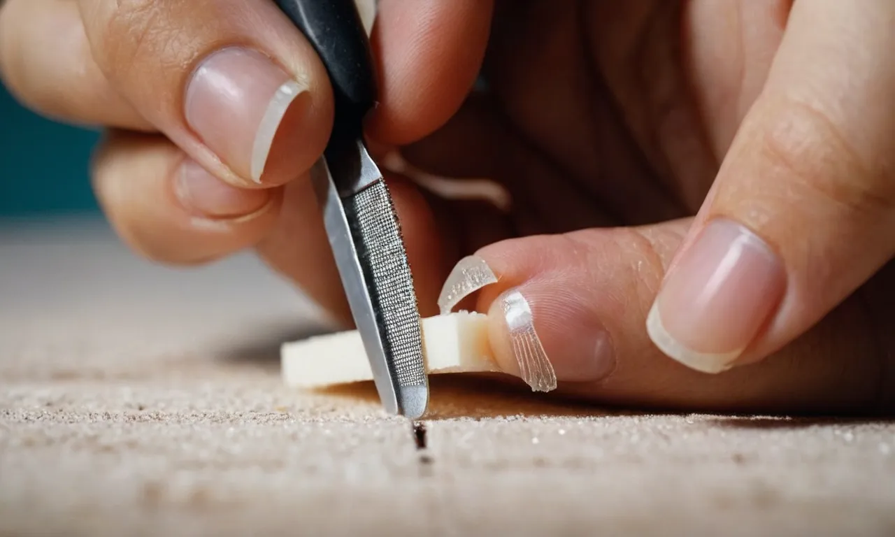 A close-up image showcasing a hand holding a nail file gently filing a broken toenail, capturing the meticulous process of repairing and restoring the damaged nail.