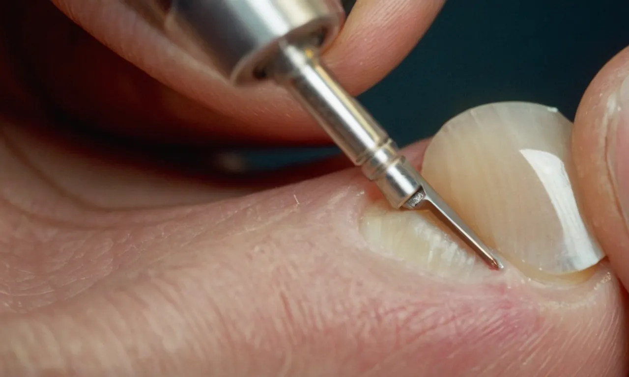 Close-up photo of a pair of hands delicately holding a sterile tool, gently lifting the corner of an inflamed toe nail, showcasing the process of fixing an ingrown toe nail.