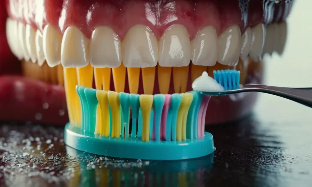 A close-up photo captures a toothbrush gently scrubbing a tooth, while a tiny drop of nail glue slowly dissolves, leaving the teeth clean and glue-free.