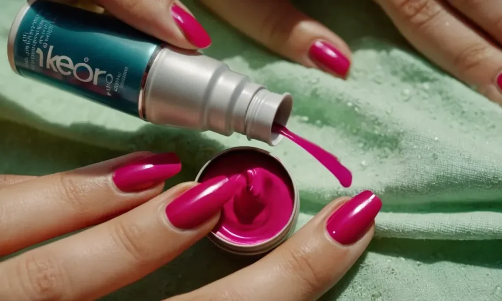 A close-up photo capturing the process of using hairspray to remove nail polish from clothes, showcasing the spray being applied onto a stained area, with a cloth gently blotting away the residue.