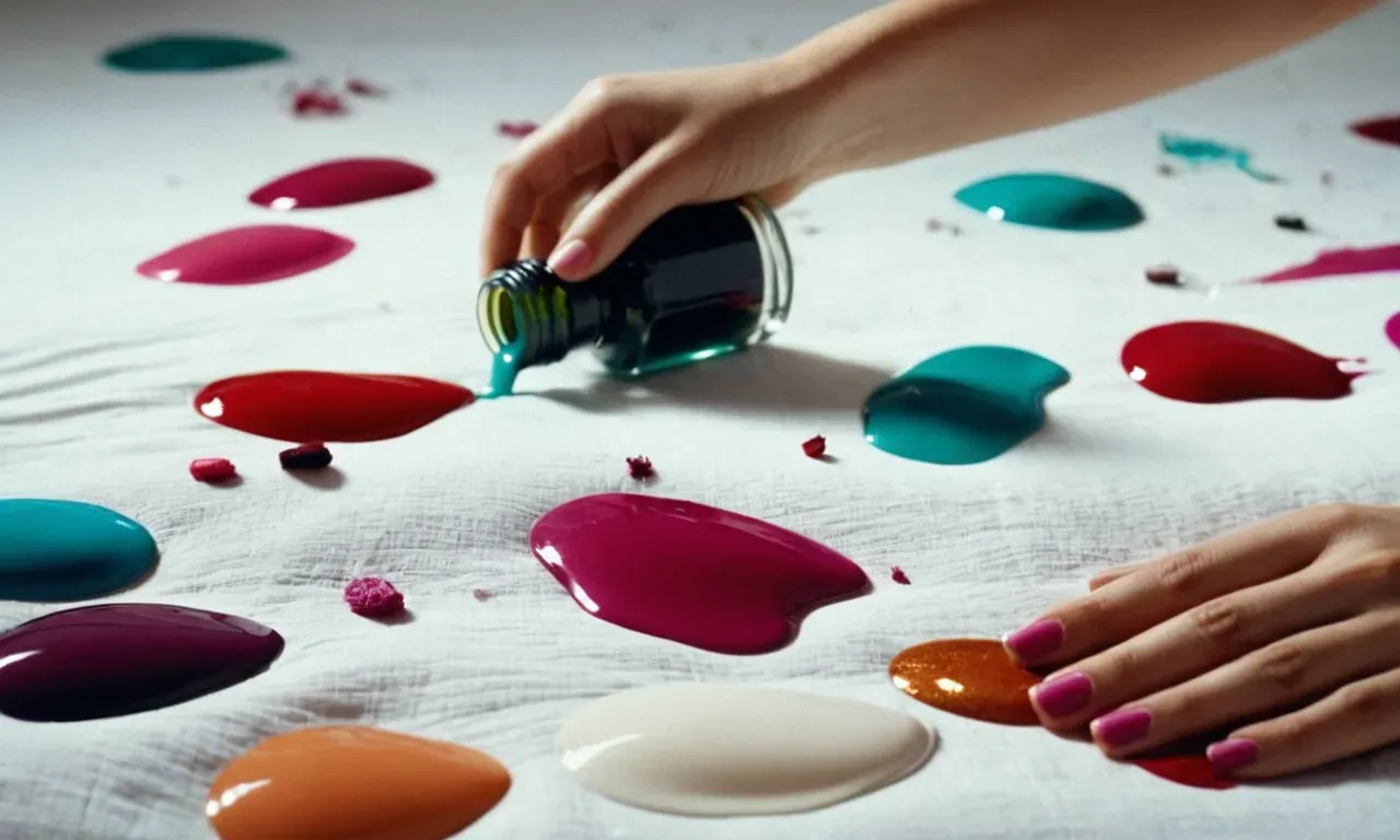A photo of a spilled bottle of nail polish on a white bedsheet, showing the colorful, dried stains and a person attempting to remove them using various cleaning materials.