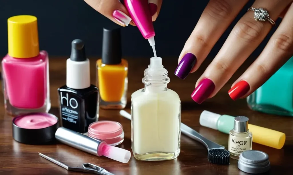A close-up photo capturing a hand holding a small bottle of clear liquid adhesive, surrounded by various nail care tools and colorful nail polish bottles, showcasing the process of making nail glue.