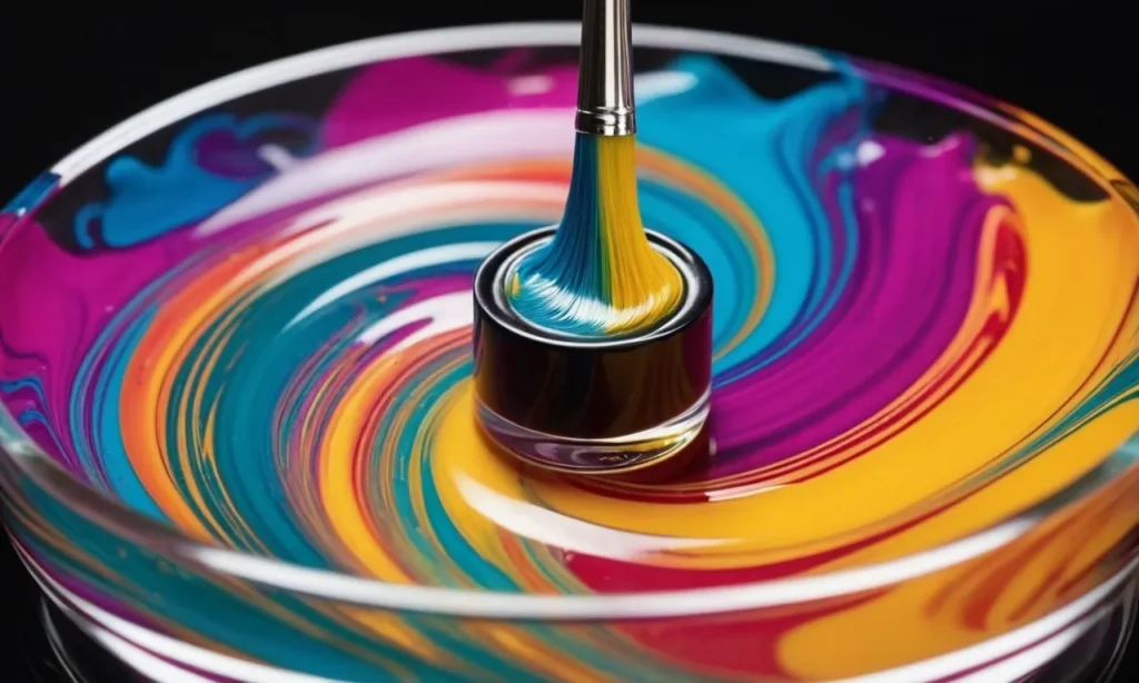 A close-up image capturing the graceful swirls of vibrant nail polish colors in a glass dish, as a thin brush delicately blends them together.