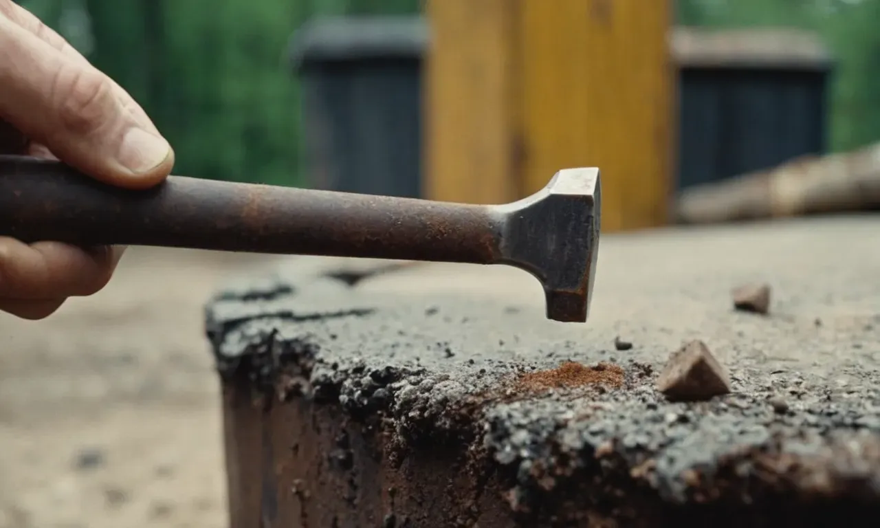 A close-up shot capturing a hand gripping a rusty hammer, with the focus on a bent nail, poised for removal, showcasing the determination and technique required to extract it safely.
