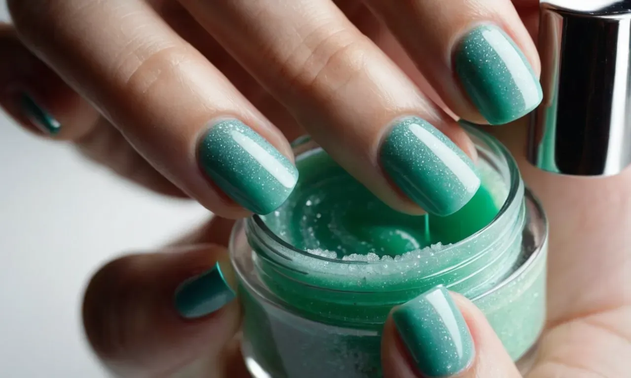 Close-up shot of a hand gently scrubbing gel nail polish with a sugar scrub, revealing clean and healthy nails underneath.