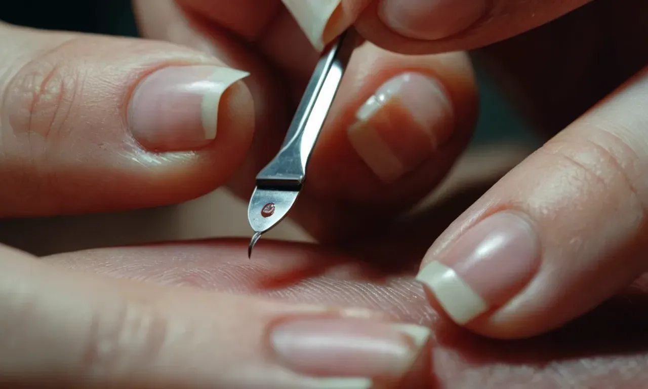 A close-up photo capturing the delicate hands of a person using tweezers to carefully extract a splinter lodged underneath a fingernail.