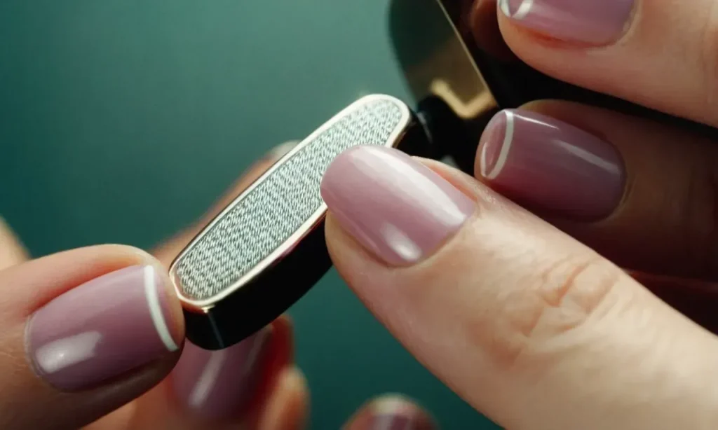 A close-up shot of a hand gracefully holding a nail buffer, demonstrating the proper technique with gentle circular motions on a perfectly manicured nail.