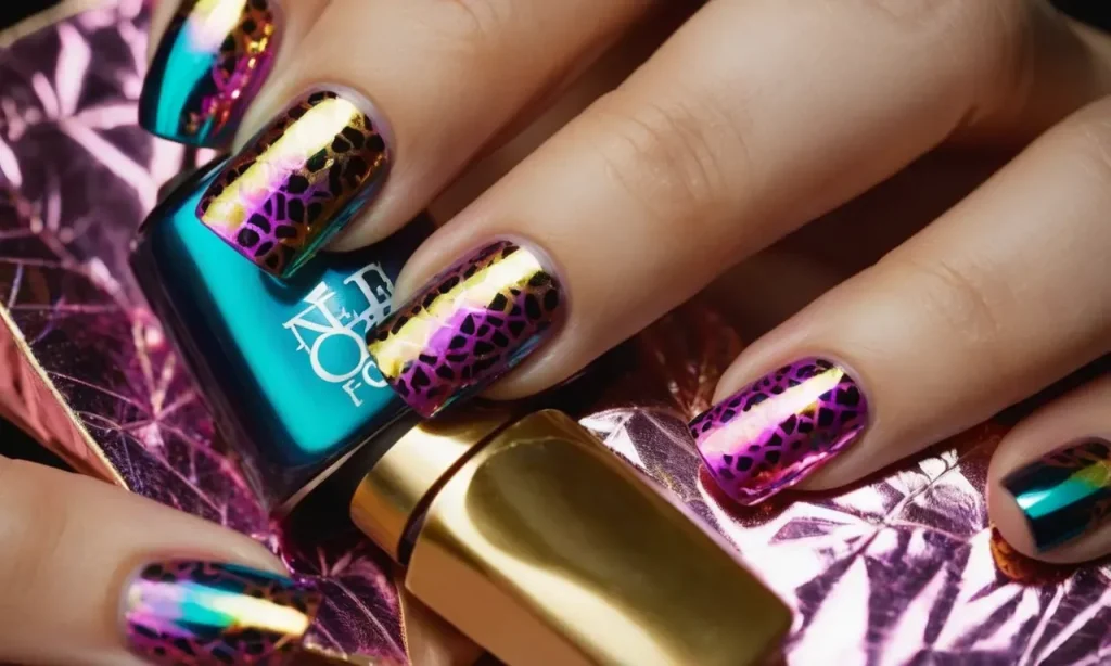 A close-up shot capturing a hand applying a vibrant nail foil design on a perfectly manicured gel nail, showcasing the step-by-step process of using nail foils with gel.