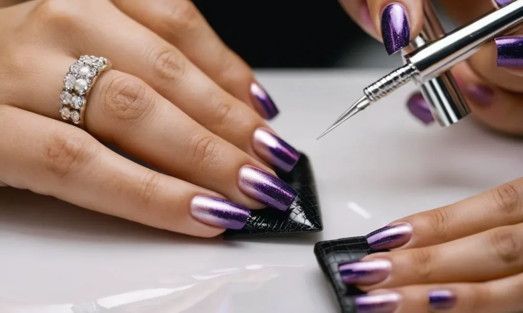 A close-up photo capturing a hand elegantly positioned with a nail form securely attached, showcasing the step-by-step process of using nail forms for creating stunning nail extensions.