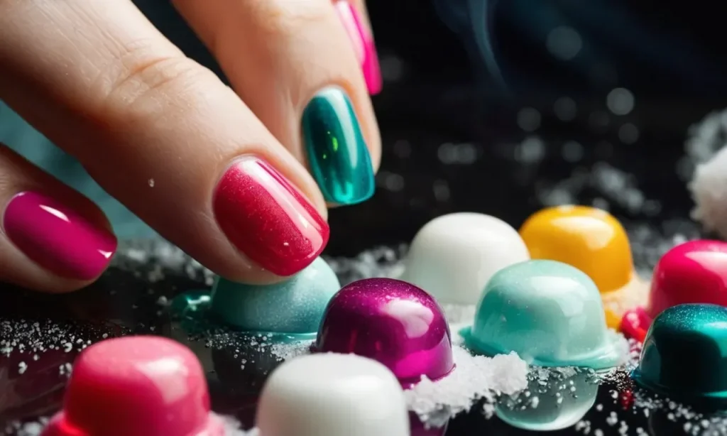 A close-up photo capturing a cotton ball soaked in nail polish remover gently wiping away layers of colorful nail polish from a woman's fingernails.