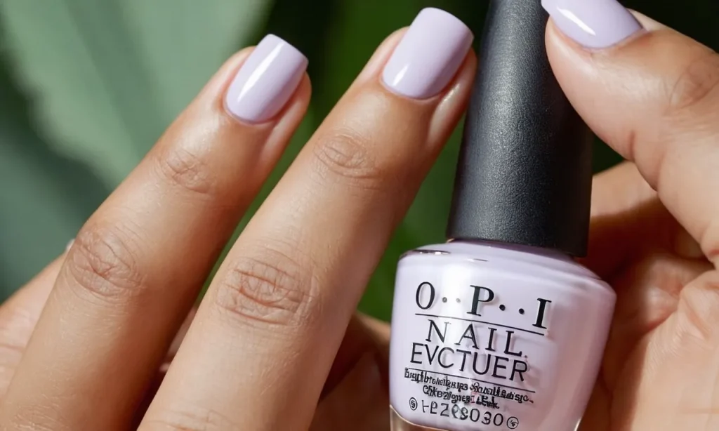 A close-up shot of a hand holding a bottle of OPI Nail Envy, with perfectly manicured nails showcasing the product's effectiveness and a smiley face charm hanging from one finger.