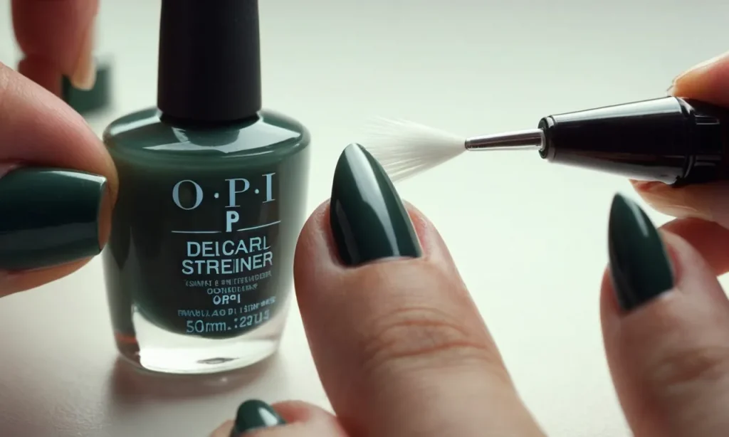 A close-up shot showcasing a hand holding a bottle of OPI Nail Strengthener, capturing the product's label and a well-manicured fingernail painted with the strengthener.