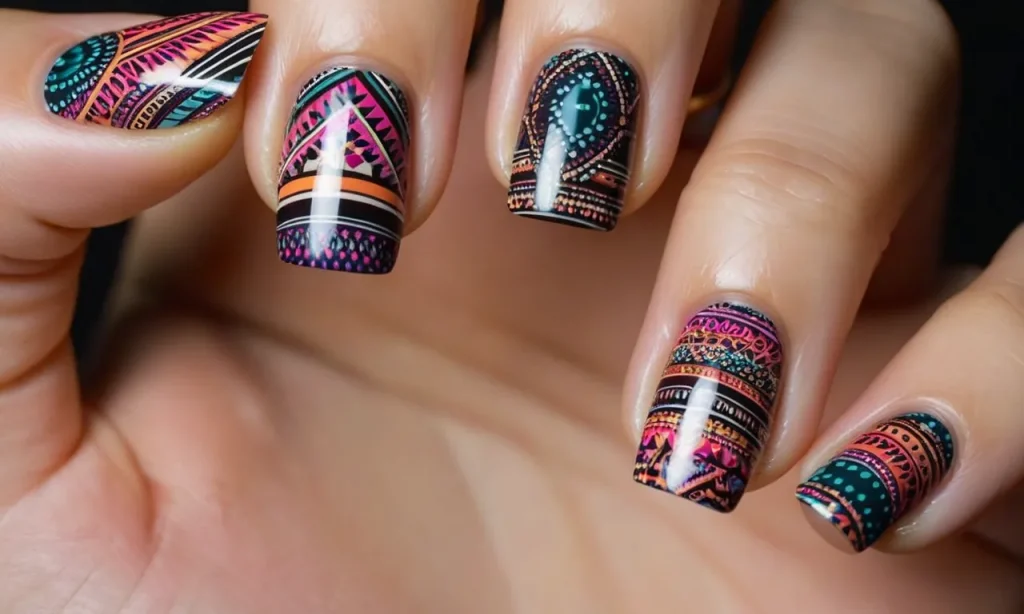 A close-up photo capturing a set of vibrant, patterned nail wraps neatly applied onto a hand, showcasing their intricate designs and flawless finish.