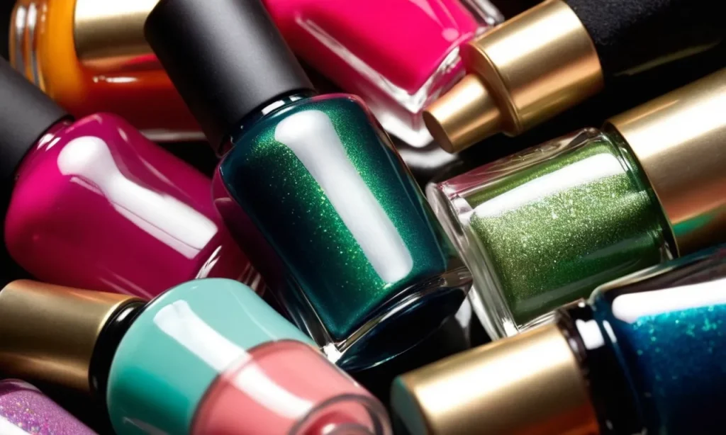 A close-up shot of a hand adorned with an array of vibrant nail polish bottles, showcasing various shades and finishes, leaving viewers pondering the perfect color for their nails.