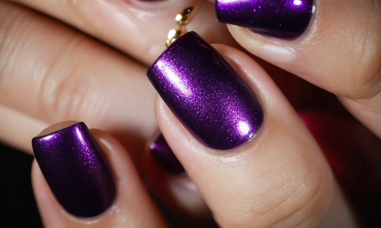 A close-up shot of a hand with perfectly manicured nails, adorned with a vibrant shade of purple nail polish, symbolizing creativity, luxury, and individuality.