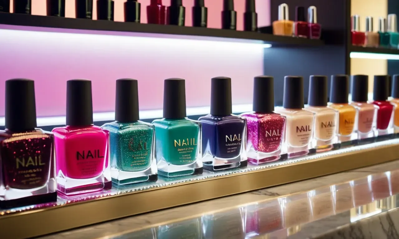 A close-up photo showcasing a row of colorful nail polish bottles neatly arranged on a sleek, well-lit counter at a nail bar.