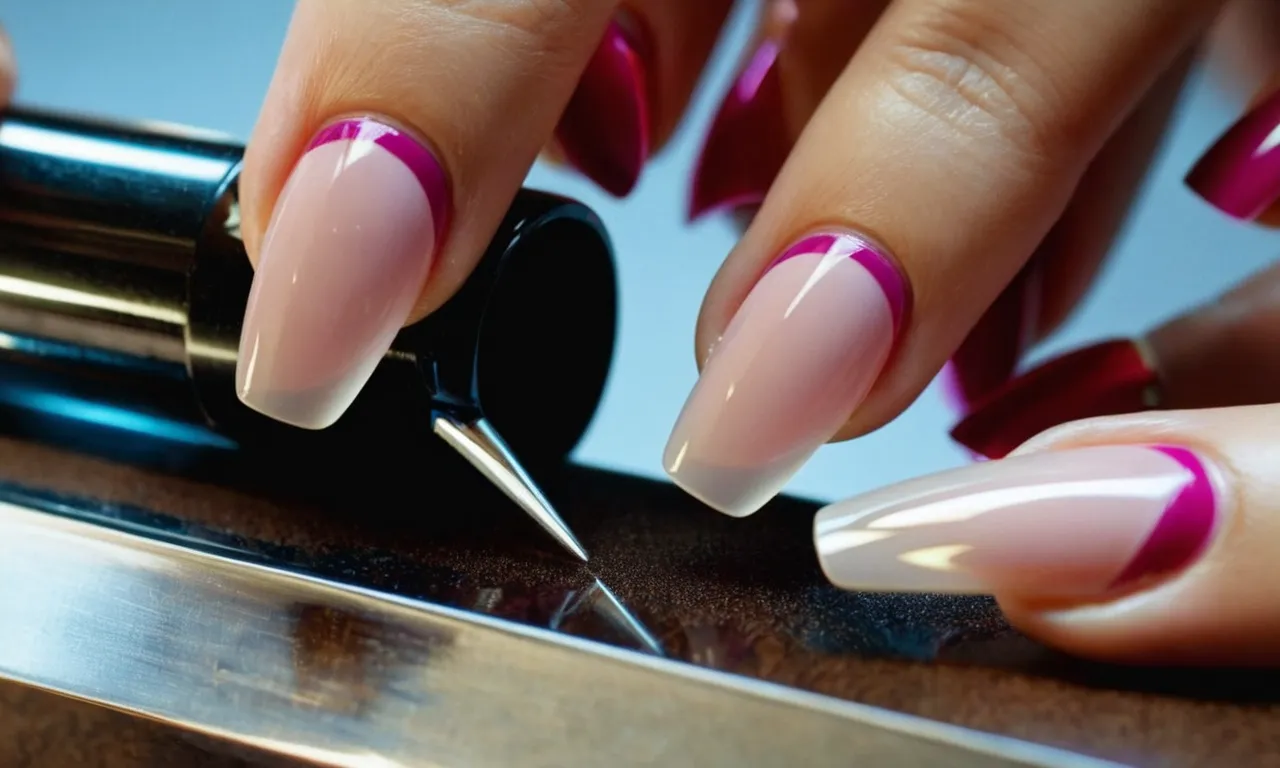 A close-up shot of a manicurist delicately filling the gap between the cuticle and the grown-out acrylic nails, ensuring a seamless transition and perfect nail shape.