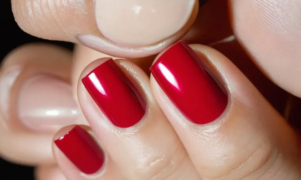 A close-up photograph showcasing a perfectly manicured hand with glossy, vibrant gel nail polish, highlighting its long-lasting shine and professional finish.