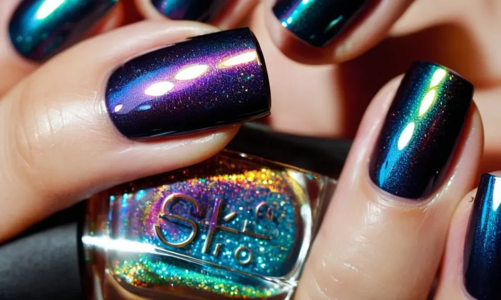 A close-up photo capturing the mesmerizing effect of hologram nail polish on perfectly manicured nails, showcasing a vibrant rainbow spectrum of colors and a dazzling prismatic shine.