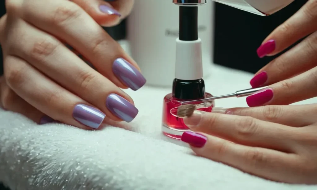 Close-up shot of a nail technician applying a clear solution onto a client's nail bed, using a brush. The nail dehydrator helps remove oils and moisture, ensuring better adhesion for nail polish or extensions.