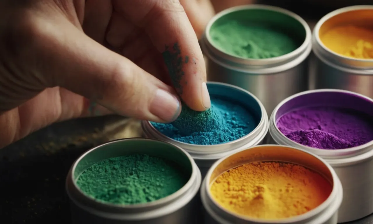 A close-up shot of a hand dipping a bare nail into a container filled with colorful powders, capturing the process of nail dipping in vibrant detail.