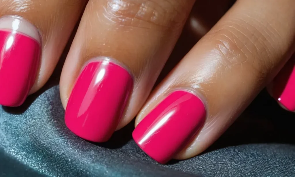 A close-up shot capturing a hand elegantly displaying perfectly manicured nails coated in shiny, chip-resistant shellac nail polish, showcasing its glossy finish and durability.