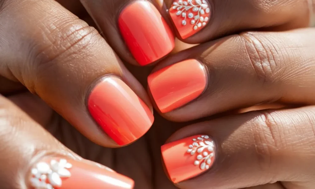 A close-up shot capturing a hand adorned with a vibrant coral nail polish, contrasting against sun-kissed skin, accentuating a tan complexion.
