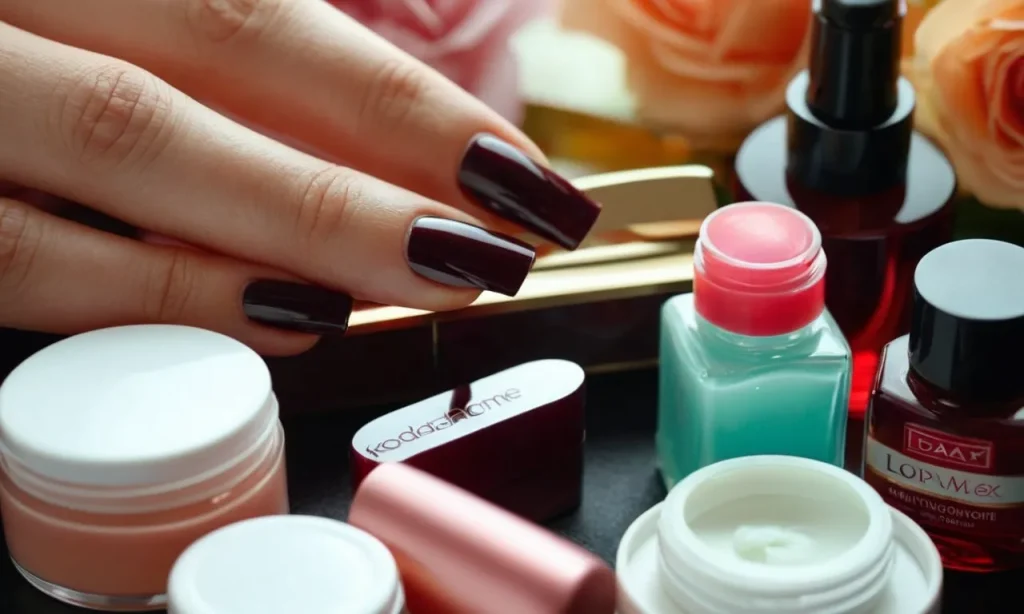 Close-up photo of a hand delicately holding a nail file, surrounded by various nail care products, conveying the process of nurturing and caring for a new nail growth after an unexpected nail loss.