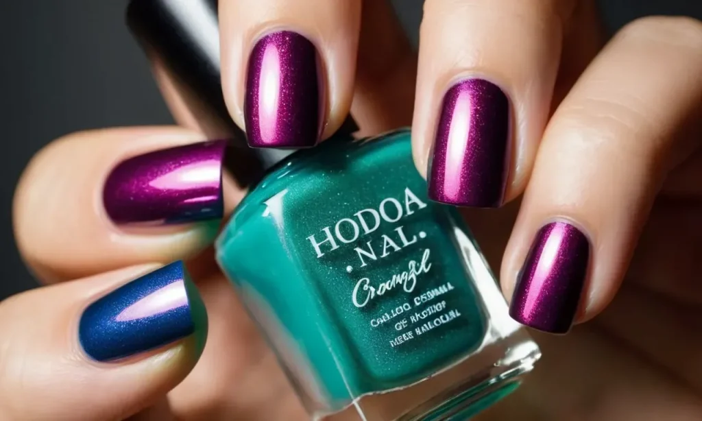 A close-up shot of a hand holding a vibrant, bold-colored nail polish bottle, reflecting individuality, confidence, and an adventurous personality.