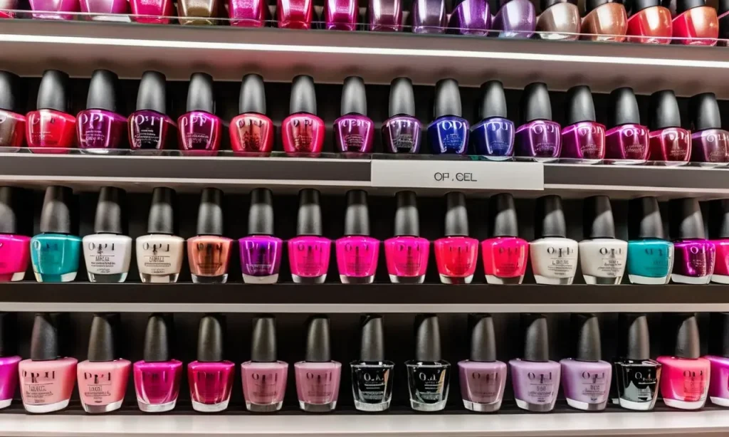 The photo captures a close-up shot of a vibrant display of OPI gel nail polish bottles, neatly arranged on a shelf in a bustling beauty store.