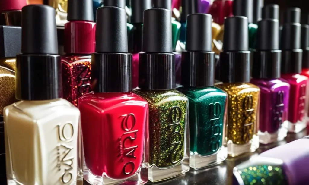A close-up shot of vibrant, multi-colored nail polish bottles arranged in an orderly row, showcasing a range of Dungeons and Dragons-themed shades, ready to be purchased and adorned on nails.