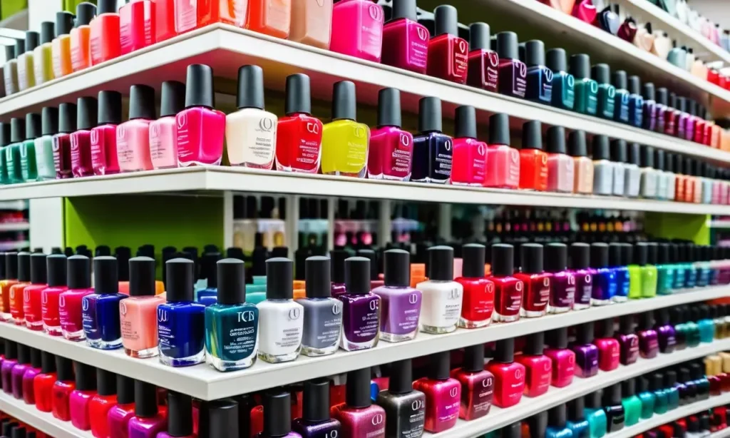 A close-up photo capturing a display of vibrant Gelish nail polish bottles neatly arranged on a shelf at a beauty supply store.