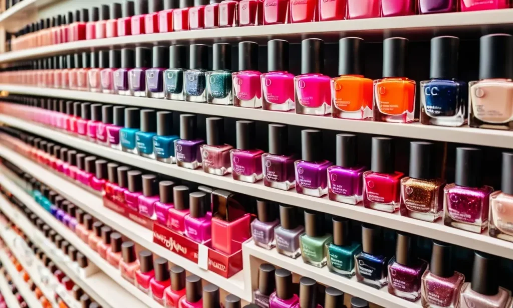 A vibrant close-up photograph of a colorful nail polish display at a bustling beauty store, showcasing a wide range of shades and brands, enticing customers to explore and purchase.