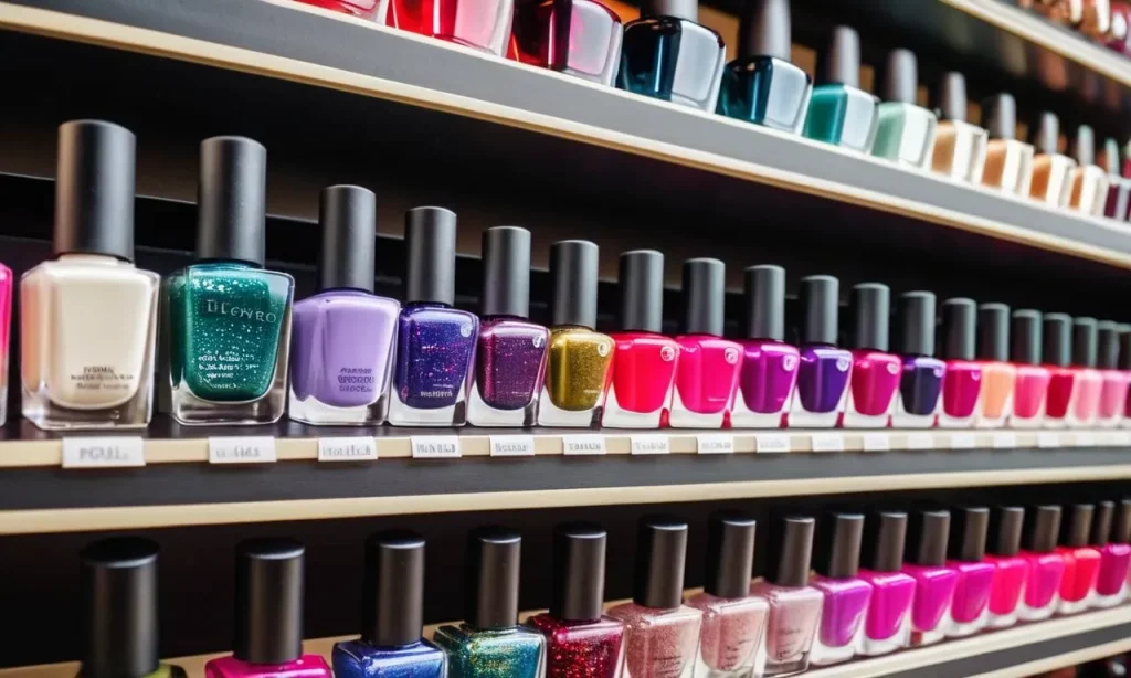 A close-up photo capturing a colorful array of nail polishes, nail art brushes, and various nail accessories neatly displayed on a store shelf.