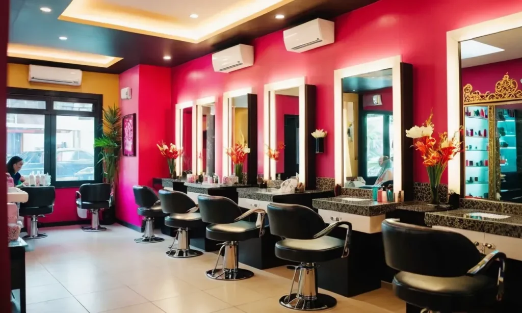 The photo captures the vibrant interior of a bustling nail salon, adorned with decorative elements reflecting Vietnamese culture, showcasing the close connection between the Vietnamese community and the nail salon industry.