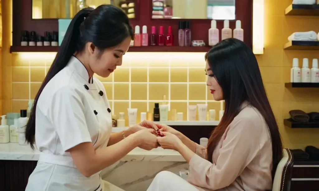 A photo capturing the harmony and warmth within a Vietnamese nail salon, showcasing friendly interactions between customers and staff, contradicting the assumption of rudeness.