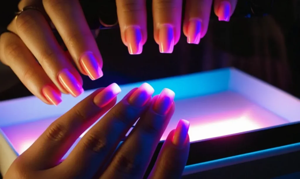 A close-up photograph capturing the radiant glow emitted by a 36-watt UV lamp as it precisely cures a set of beautifully manicured nails.