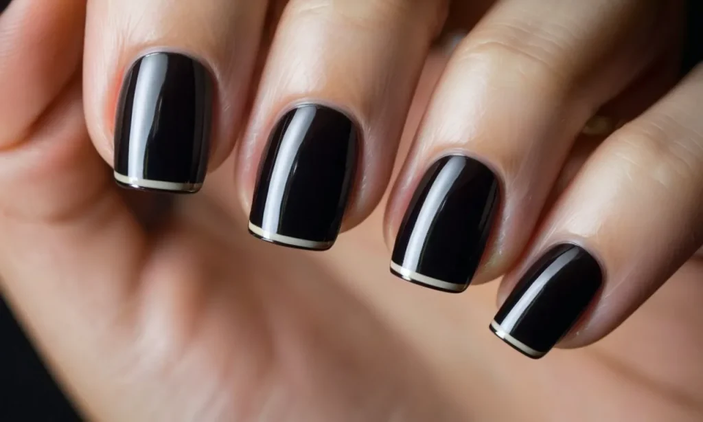 A close-up shot showcasing elegant acrylic black French tip nails, perfectly shaped and polished, exuding sophistication and style.