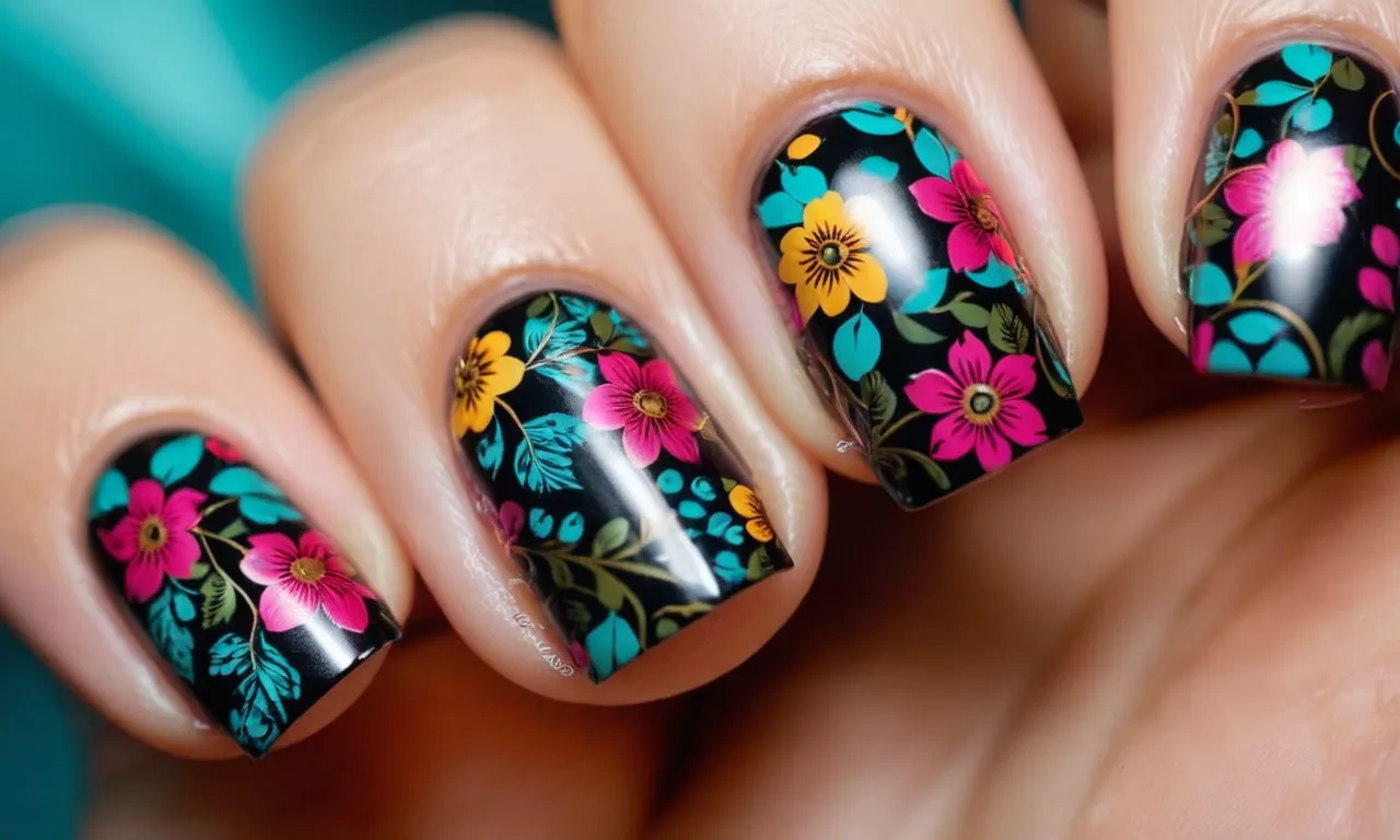 A close-up photo showcasing a hand adorned with vibrant acrylic nail designs for beginners, featuring intricate patterns, bold colors, and delicate embellishments.