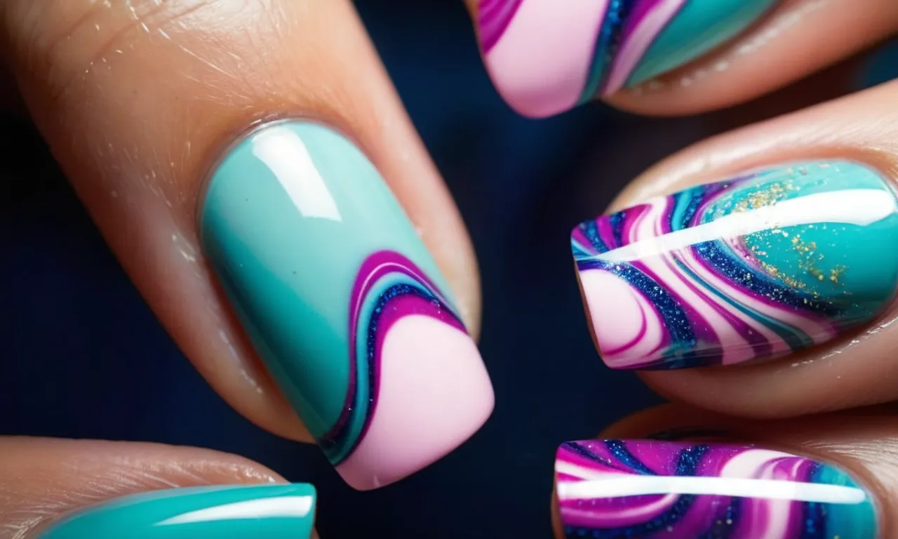 A close-up shot captures the vibrant swirls of acrylic nail powder being expertly mixed with liquid, showcasing the artistry and precision involved in creating flawless, colorful acrylic nails.