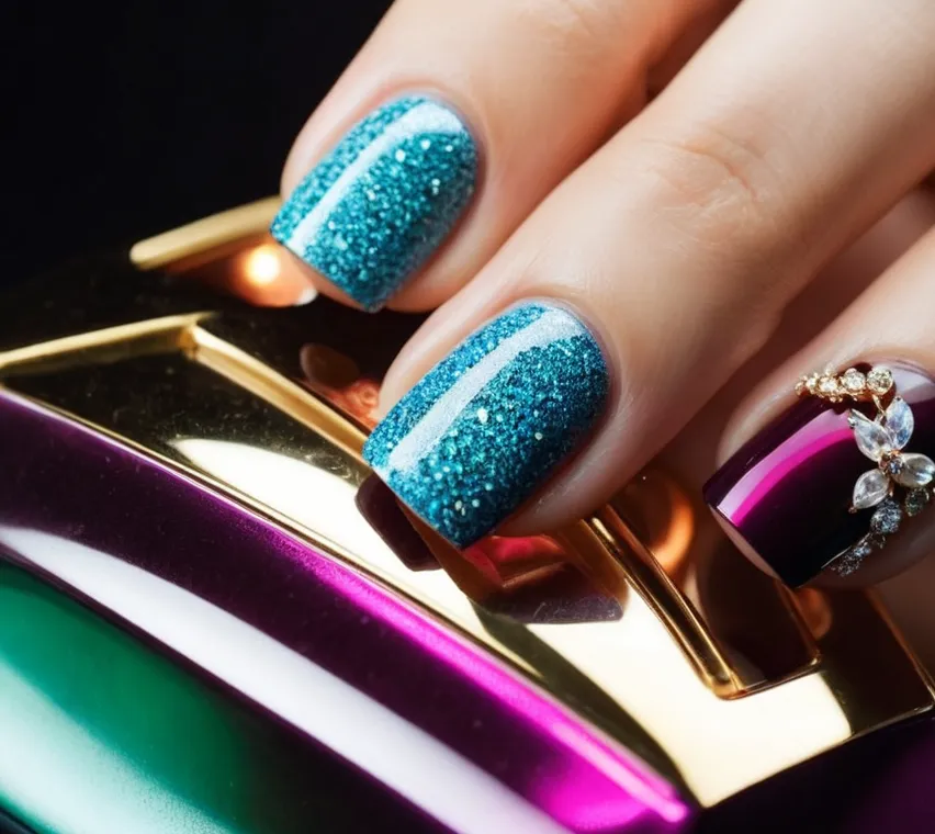A close-up shot capturing a hand adorned with a set of vibrant acrylic nails, showcasing various shapes and lengths, each meticulously crafted with intricate designs and glossy finishes.